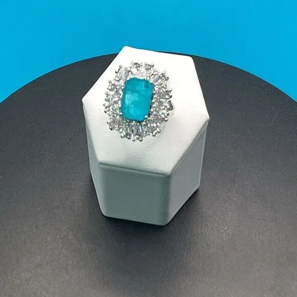Gorgeous Vintage-Inspired Simulated Paraiba Tourmaline & CZ Halo Statement Ring